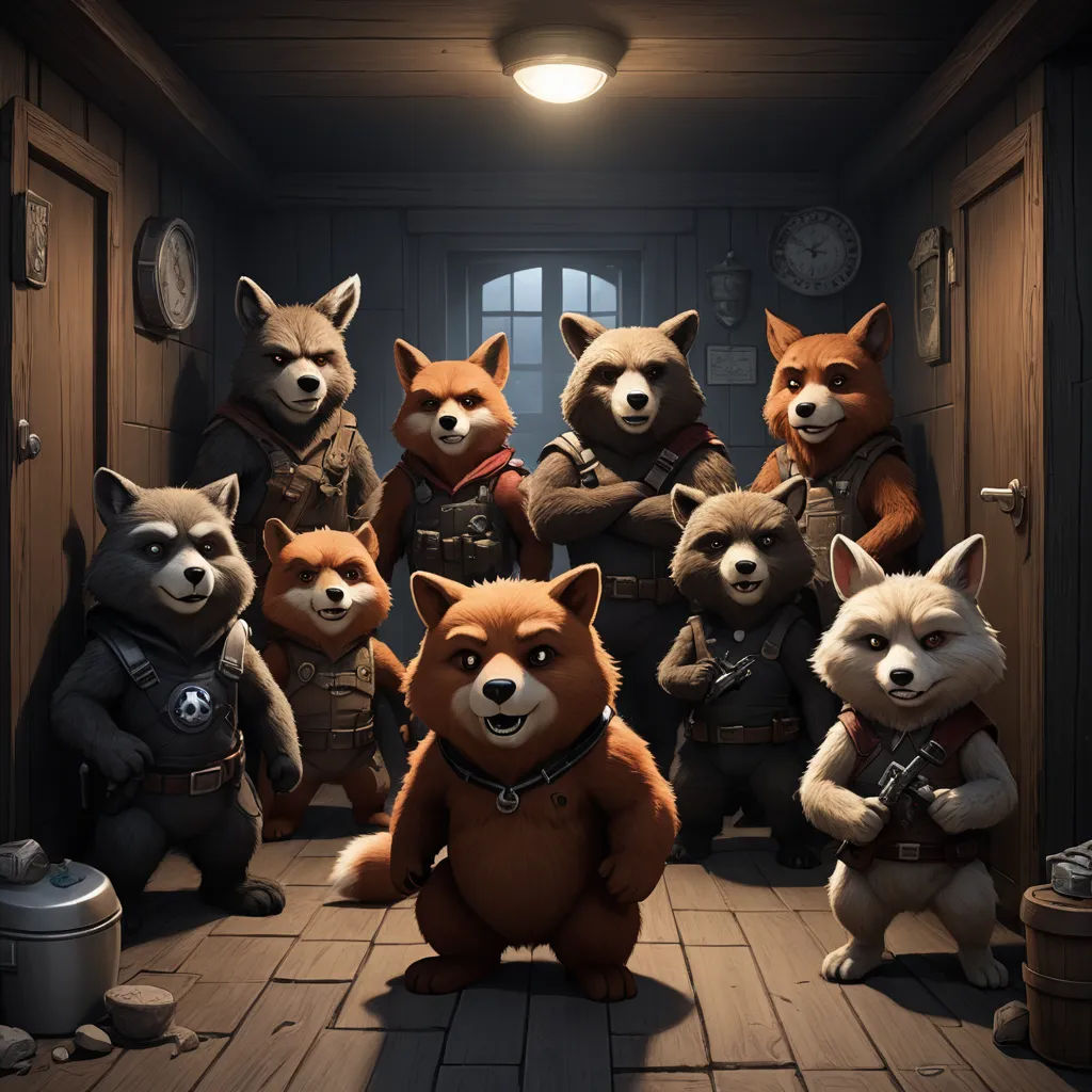 a group of animals standing in a room together with a clock in the background and a door open to the room, furry art, concept art, Chris LaBrooy, key art