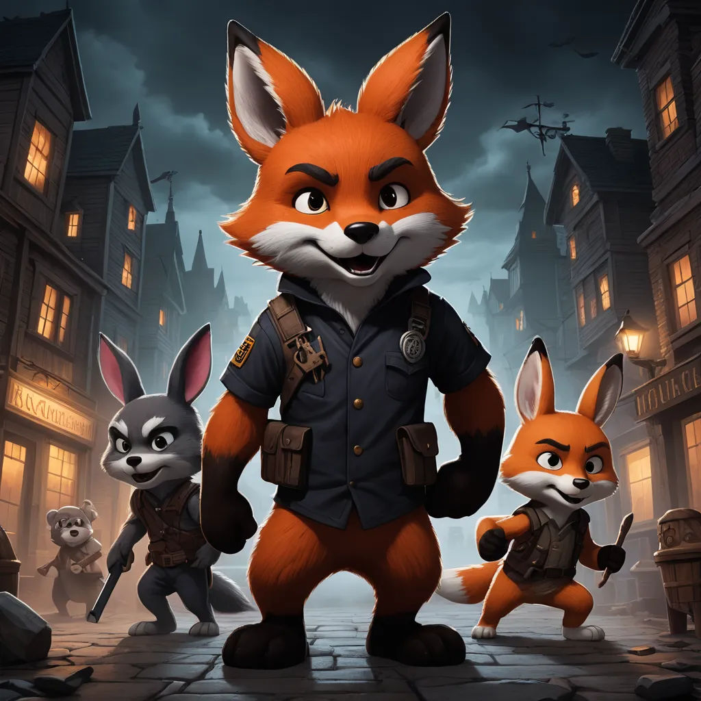 a fox and two other animals standing in front of a building at night with a sky background and a full moon, sots art, concept art, Altichiero, key art