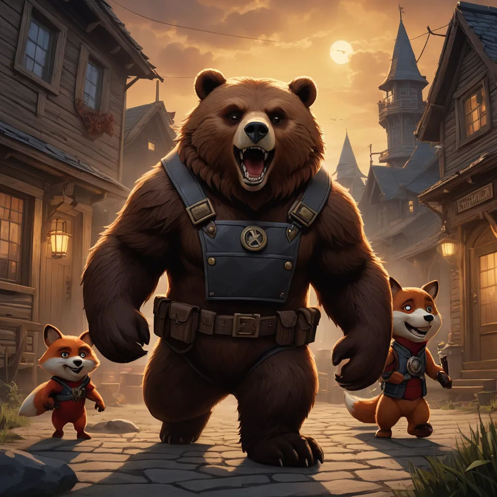a bear and two foxes are in a cartoon scene with a house and a street in the background and a full moon in the sky, furry art, concept art, Chris LaBrooy, key art