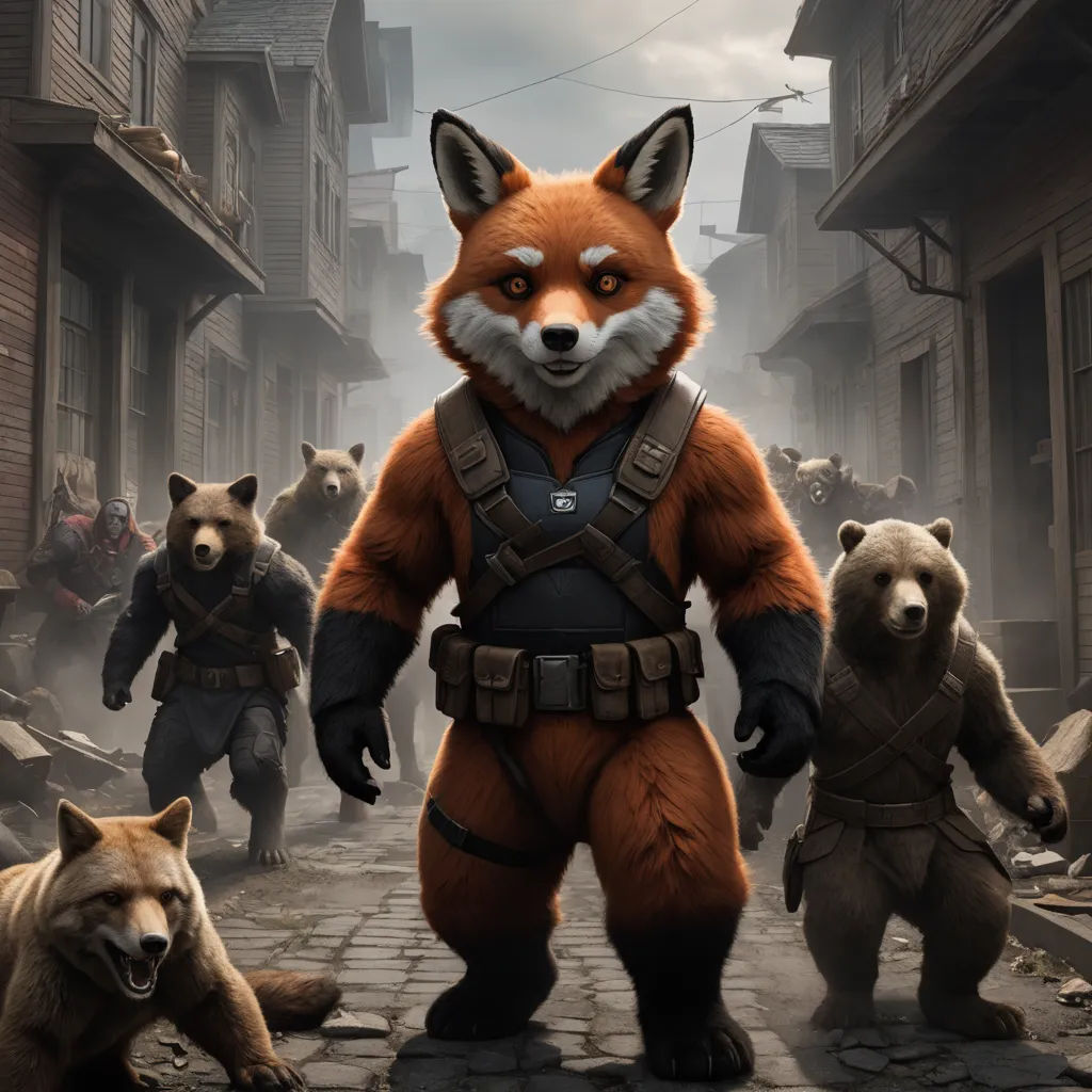 a group of bears and a fox in a street with buildings and people in the background, with a man in a costume, furry art, concept art, Cedric Seaut (Keos Masons), key art