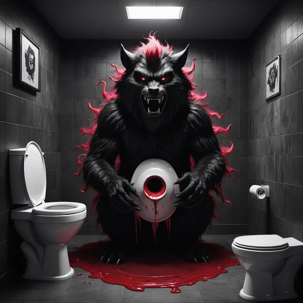 a bathroom with a toilet and a monster holding a ball in it's hands and a red light coming from the toilet, transgressive art, poster art, Anne Stokes, full moon