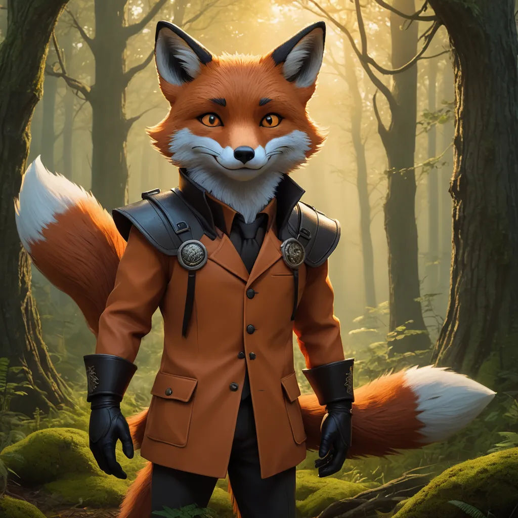 a fox in a suit and tie standing in a forest with trees and grass, with a sunbeam in the background, furry art, a 3D render, Cedric Seaut (Keos Masons), official art