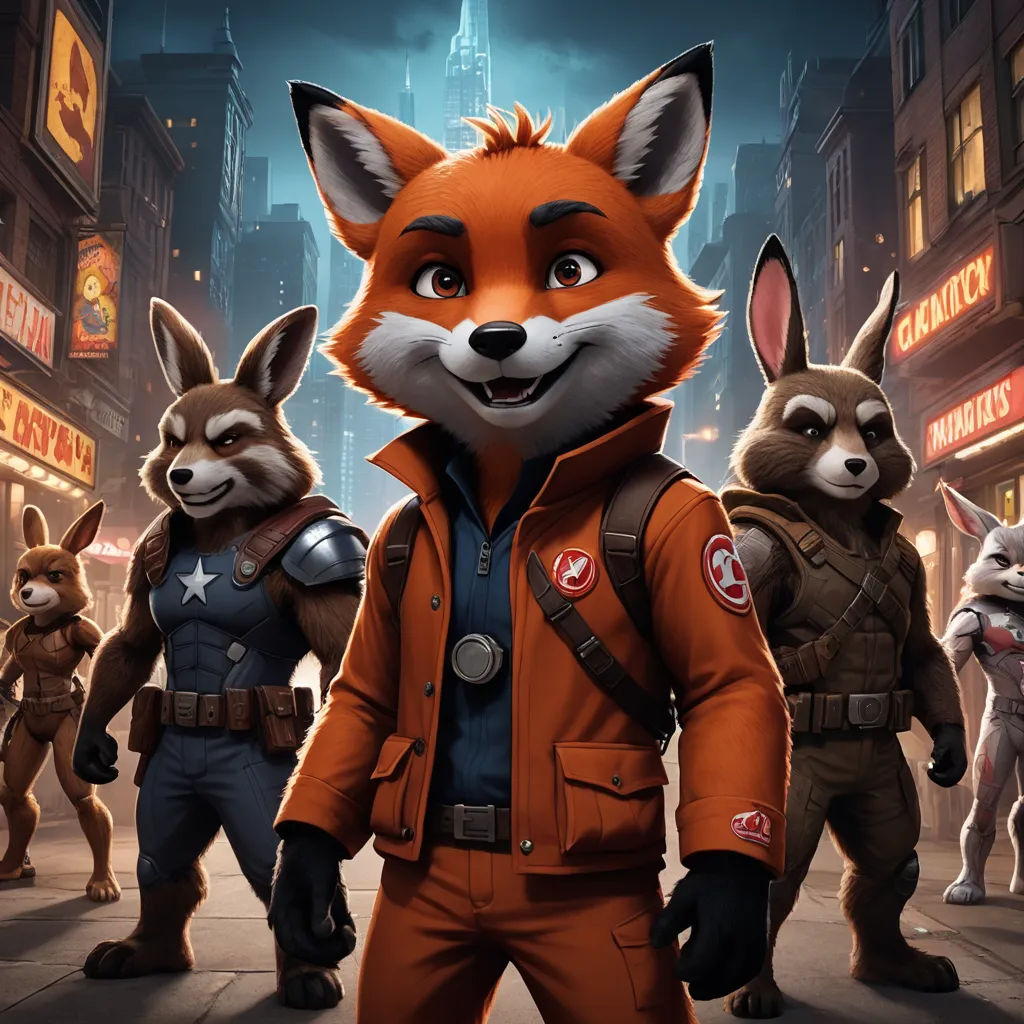 a fox in a red jacket standing in front of a group of other animals in a city street at night, furry art, a poster, Altichiero, key art