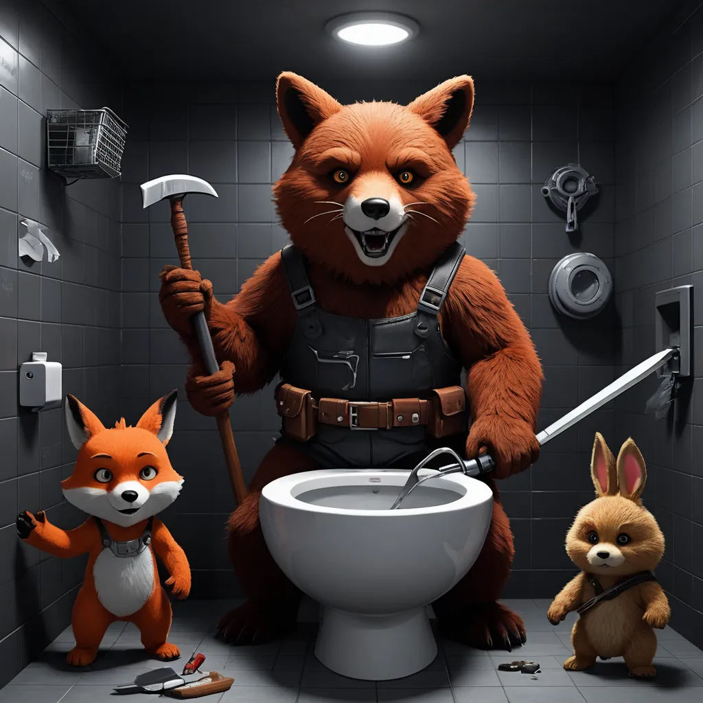a cartoon of a fox and a fox with a hammer and a wrench in a bathroom with a toilet, furry art, a storybook illustration, Chris LaBrooy, furaffinity