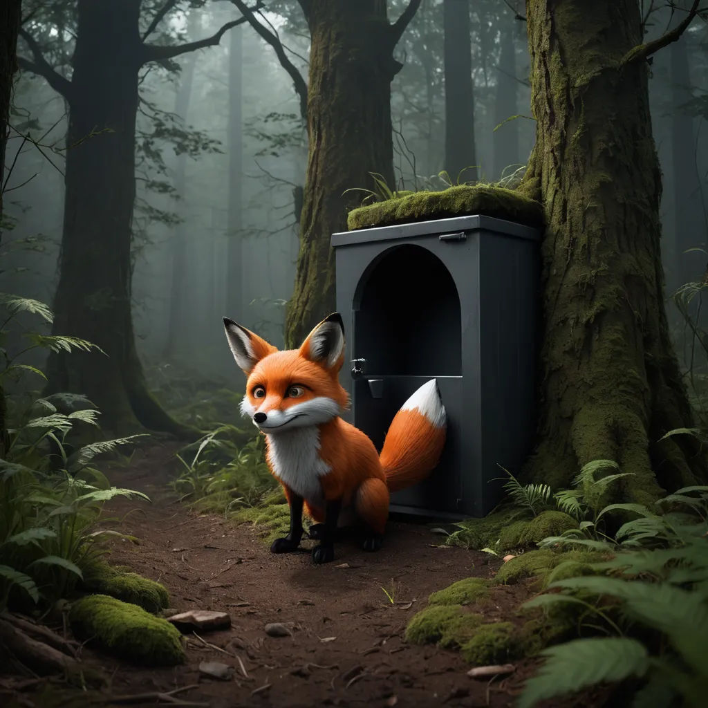 a fox stands in the woods next to a mailbox and a forest trail with mossy trees and ferns, environmental art, a 3D render, Filip Hodas, ultra realistic digital art