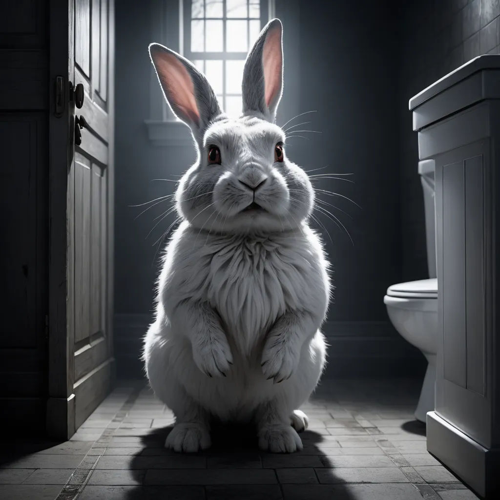 a white rabbit sitting in a dark bathroom with a toilet and sink in the background and a window in the background, photorealism, a poster, Beatrix Potter, promotional image