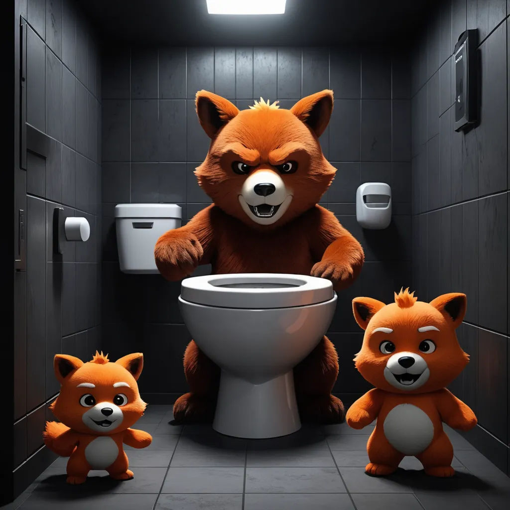 a cartoon of a red panda and two red bears in a bathroom with a toilet and a urinal, sots art, poster art, Chris LaBrooy, promotional image
