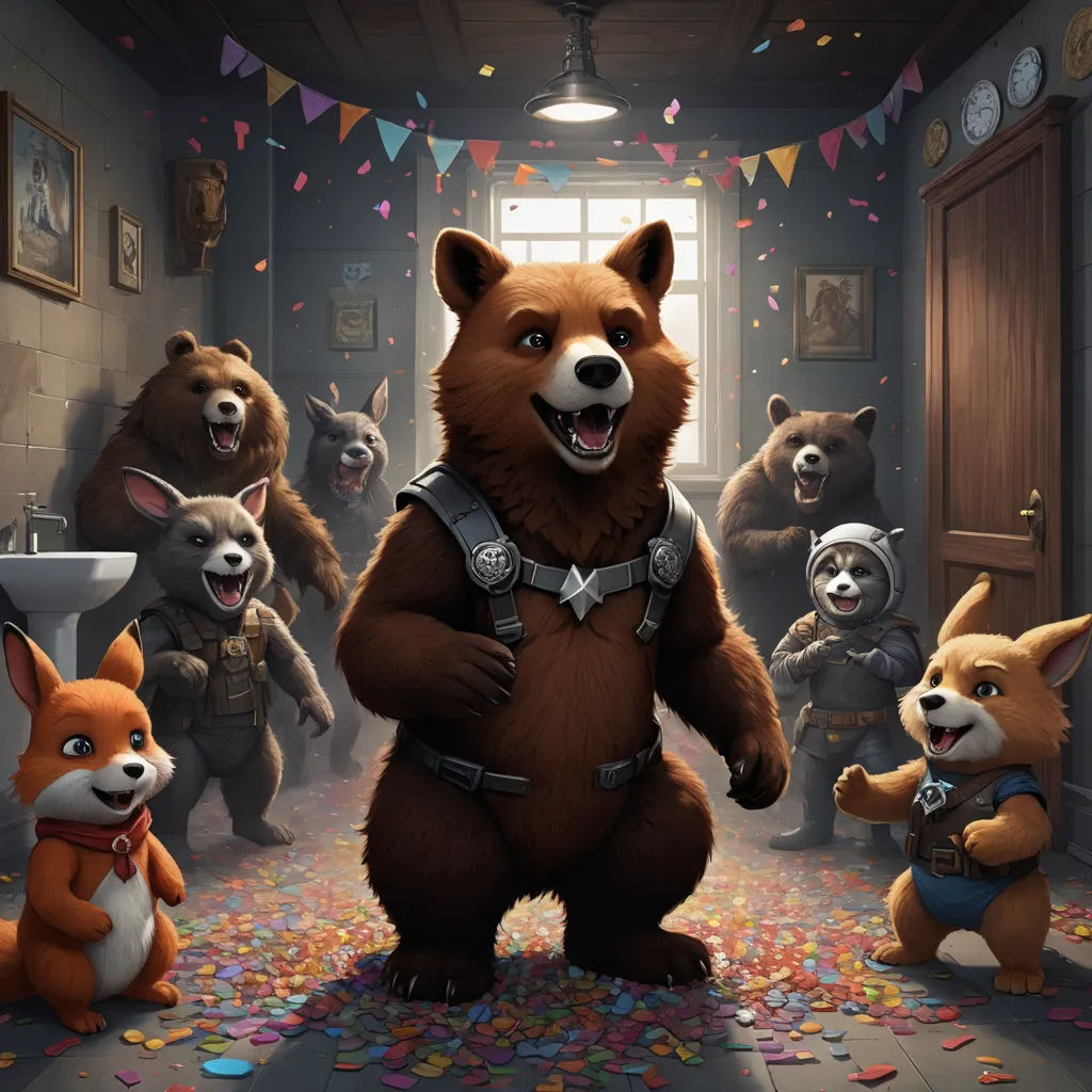a group of bears and other animals in a room with confetti on the floor and a toilet, furry art, concept art, Chris LaBrooy, official art