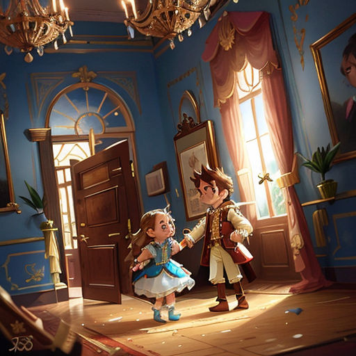 a little girl and a boy in a room with a door and a chandelier hanging from the ceiling