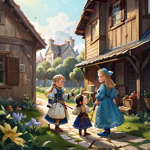 a painting of a family in a village with a little girl holding a flower pot and a boy holding a flower pot