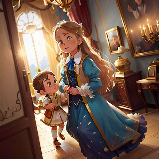 a young girl and a boy are standing in a room with a mirror and a painting on the wall