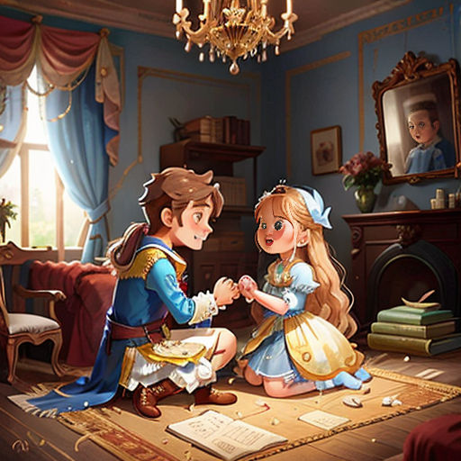 a couple of kids that are sitting on a rug in a room with a chandelier and a mirror