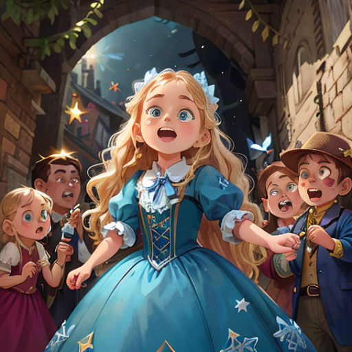 a group of children singing in front of a wizard's castle with a woman in a blue dress