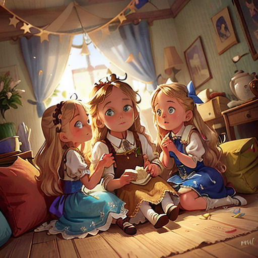 three little girls sitting on a bed together and eating food in a room with curtains and a window behind them