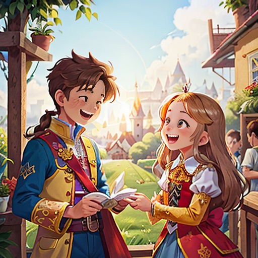 a man and woman are standing in front of a castle with a castle in the background and a man is holding a book