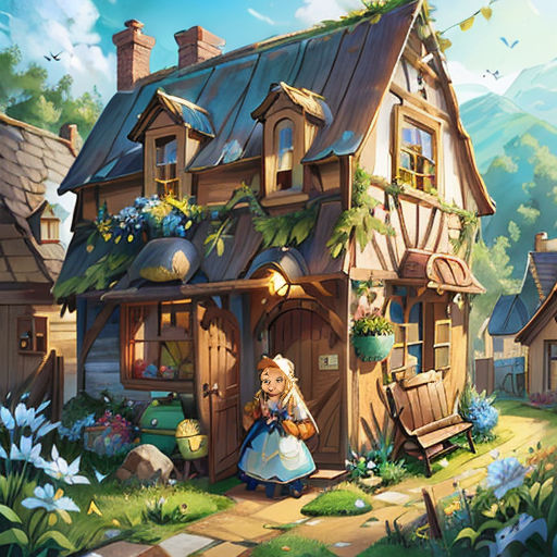 a painting of a little girl in front of a house with a porch and a porch swing set in the grass