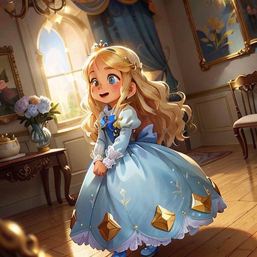 a little girl in a blue dress standing in a room with a mirror and a table with a vase of flowers