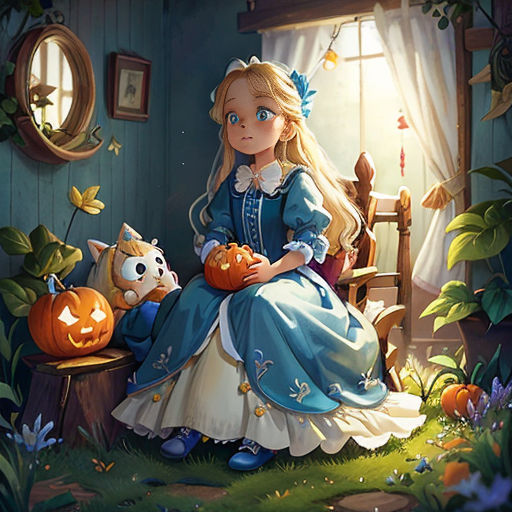 a painting of a girl sitting in a chair with a pumpkin and a cat in front of her and a mirror