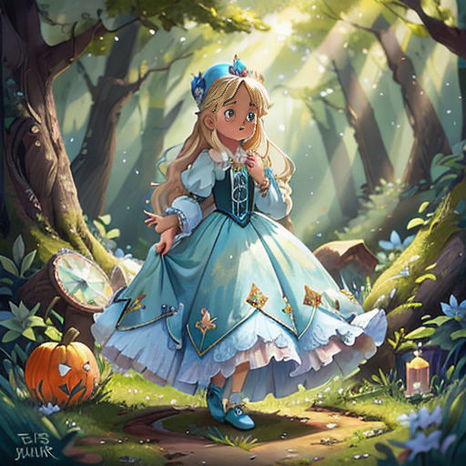 a girl in a blue dress is walking through the woods with a pumpkin and a lantern in her hand
