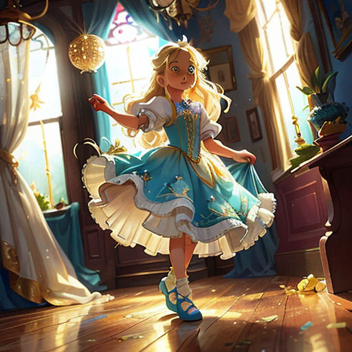a girl in a blue dress is dancing in a room with a window and a chandelier on the ceiling