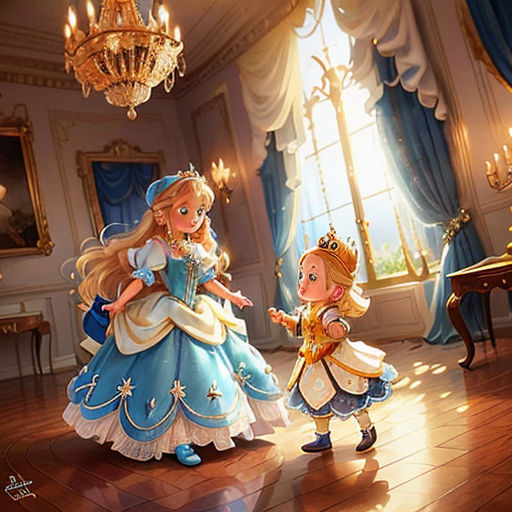 a little girl and a little boy dressed in princess costumes in a room with a chandelier and a chandelier