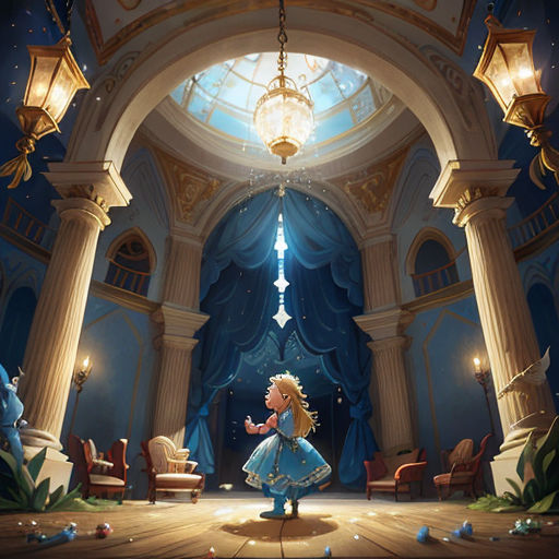 a cartoon character standing in a room with a chandelier and a blue curtain on the ceiling and a blue curtained ceiling