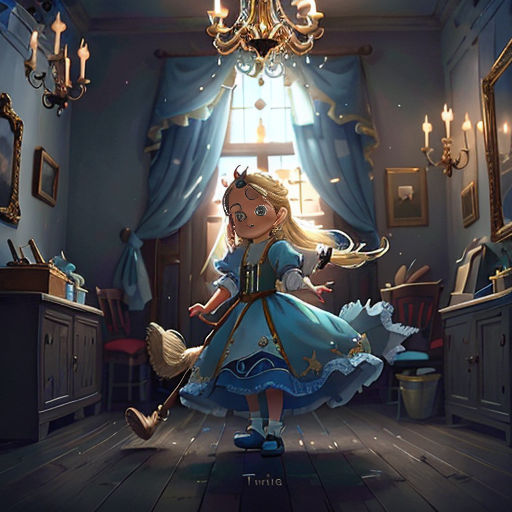 a little girl in a blue dress is standing in a room with a chandelier and a mirror