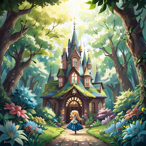 a painting of a little girl in a blue dress walking towards a fairy house in the woods with flowers