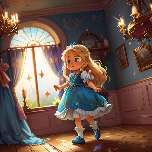 a little girl in a blue dress standing in a room with a window and a clock on the wall