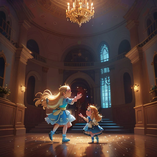 a couple of little girls standing in a room with a chandelier above them and a chandelier hanging from the ceiling