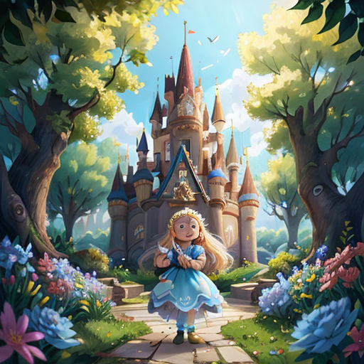 a cartoon girl in a blue dress standing in front of a castle with a princess on it's back