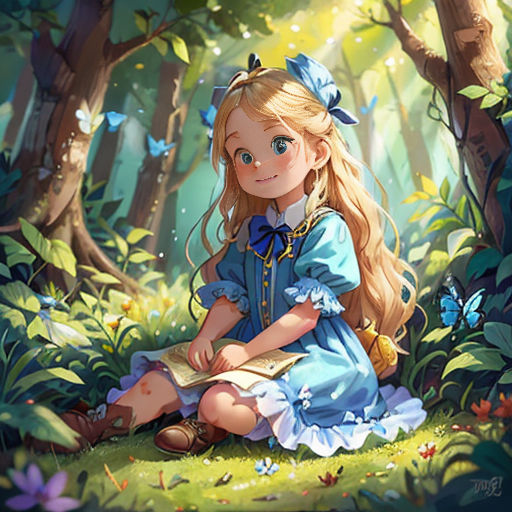 a little girl sitting in the woods reading a book with butterflies around her neck and a blue dress on