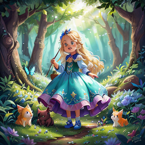 a painting of a girl in a forest with a wand and a cat on the ground, and a forest scene with a fox and a girl in the background