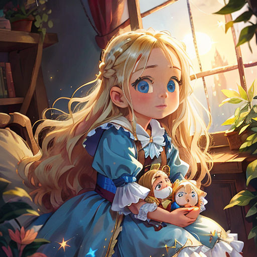 a girl in a blue dress holding a teddy bear in her arms and looking out a window at the sun
