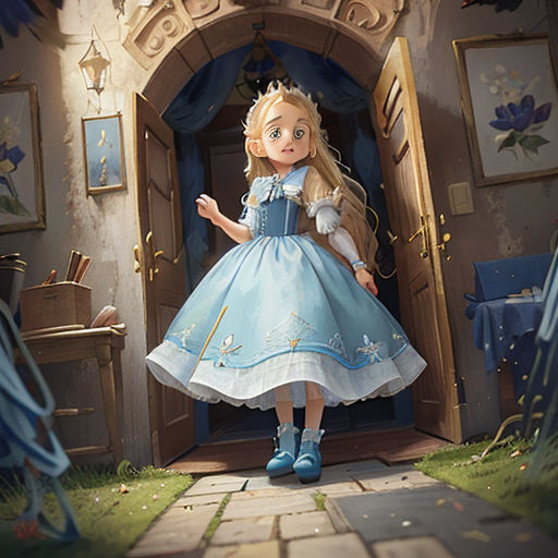 a little girl in a blue dress standing in a doorway with a blue umbrella and a blue chair in front of her