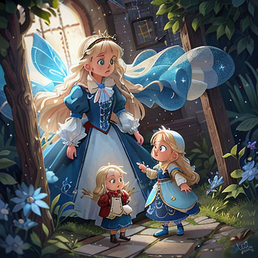 a woman and two children standing in front of a fairy door with a fairy on it's side