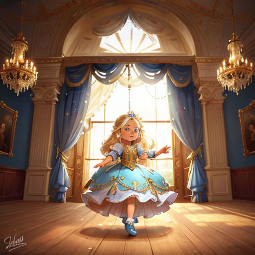 a little girl in a blue dress is dancing in a room with a chandelier and a window