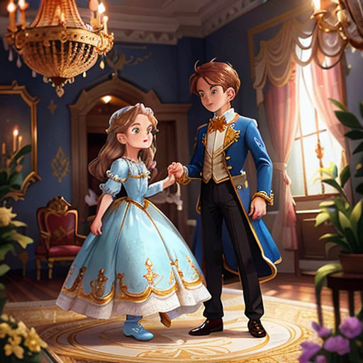 a cartoon of a man and a woman in a palace setting holding hands and dancing together in front of a chandelier