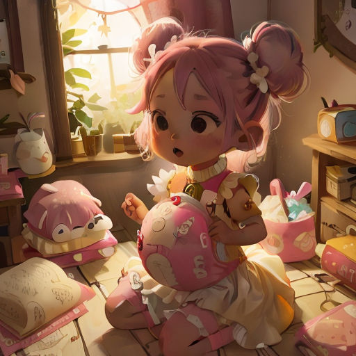 a cartoon girl sitting on a floor with a stuffed animal in her lap and a stuffed animal in her other hand