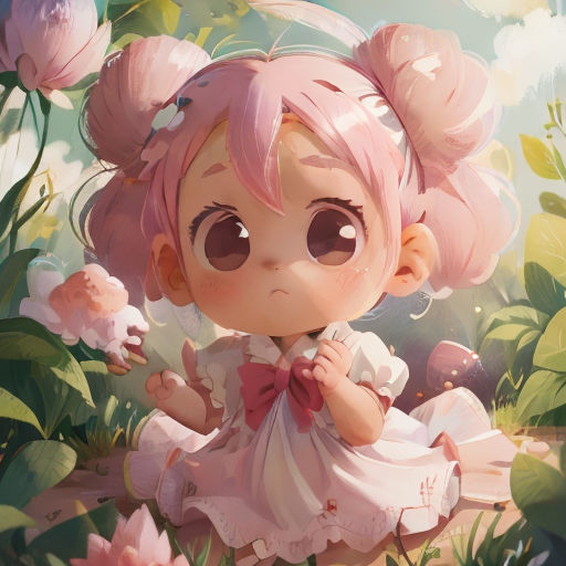 a little girl with pink hair and a bow in a field of flowers with pink flowers around her head