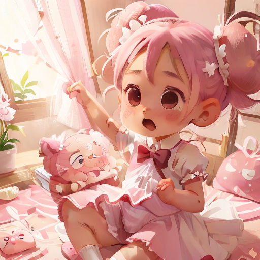 a little girl sitting on a bed with a stuffed animal next to her and a teddy bear next to her