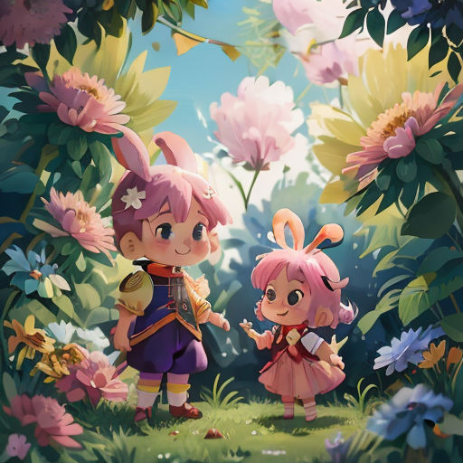 two little girls standing in a field of flowers with a bunny on her back and a rabbit on her shoulder