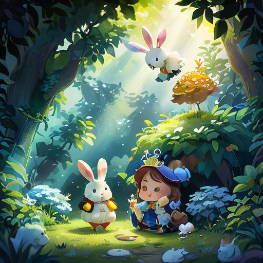 a little girl sitting on a forest floor next to a bunny and a rabbit in the woods with a forest background