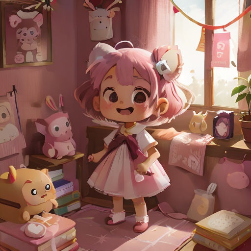 a girl in a pink dress standing in a room with a teddy bear and other toys on the floor