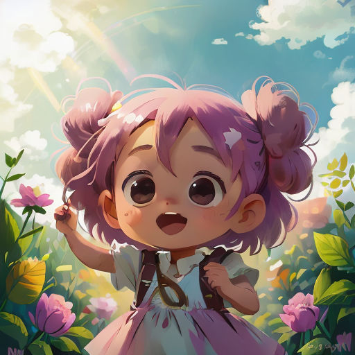 a little girl standing in a field of flowers with a sky background and clouds in the background, with a sun shining