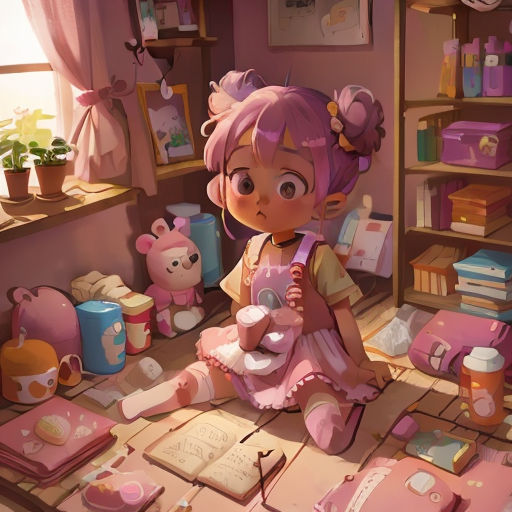 a girl sitting on the floor with a teddy bear and books in front of her and a teddy bear