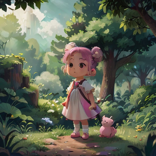 a girl with pink hair holding a pink teddy bear in a forest with trees and bushes behind her, with a pink pig on the ground