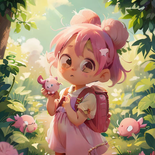 a little girl with pink hair holding a pink teddy bear in a forest with flowers and trees in the background