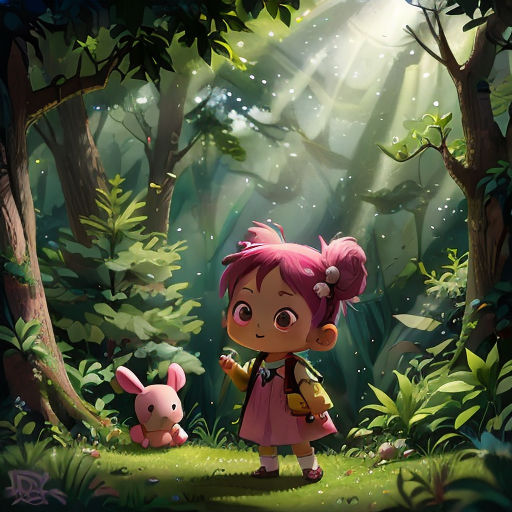 a little girl standing in the middle of a forest with a pink bunny rabbit in front of her,