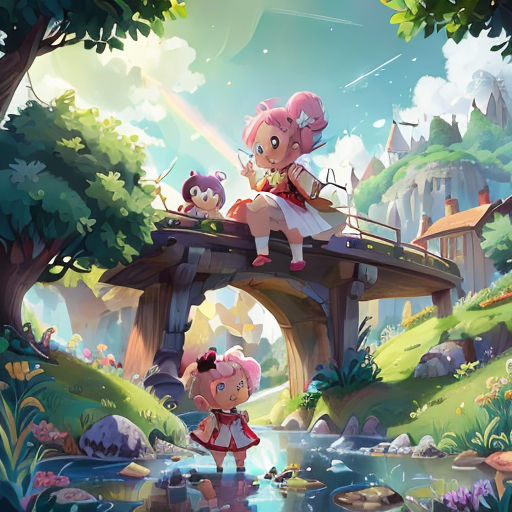a girl and a boy are sitting on a bridge over a river with a rainbow in the background and a rainbow in the sky